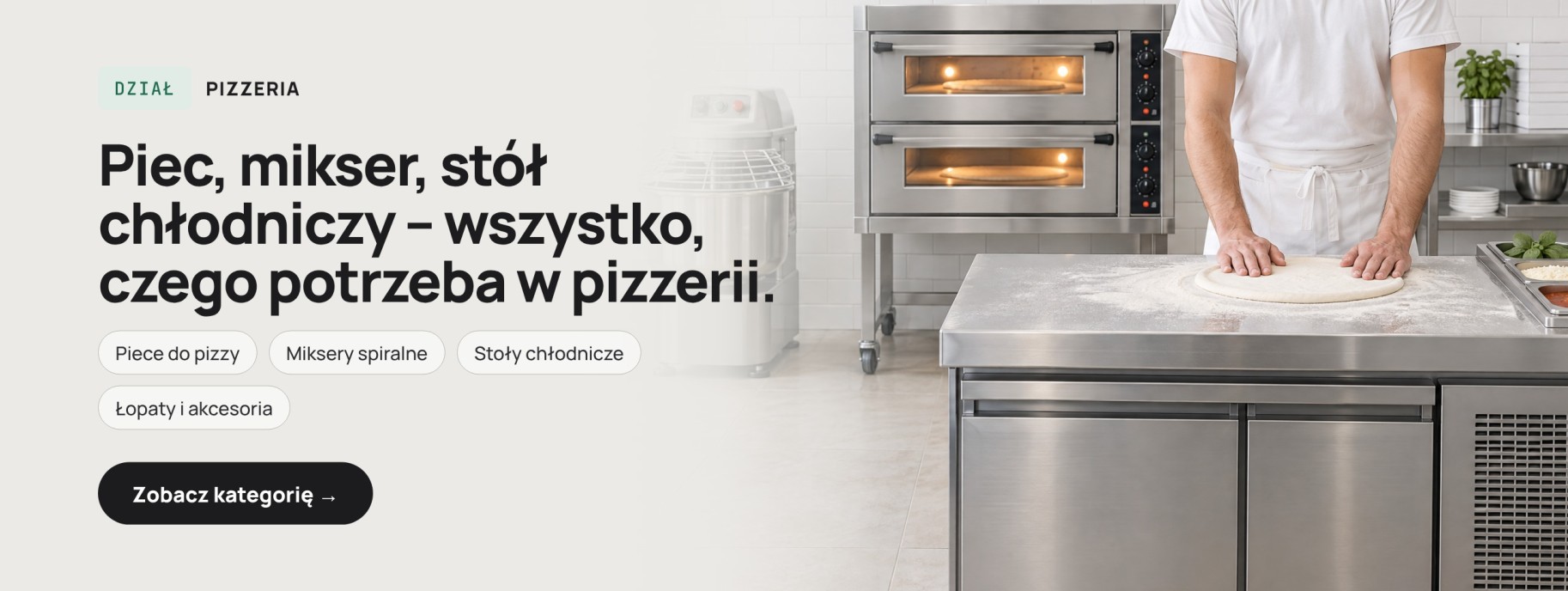 wyposażenie pizzerii: piec do pizzy, mikser spiralny, łopata